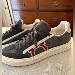 Ferragamo | Borg 5 Suede & Leather Sneaker | Size 9.5 | Gray & Burgandy
